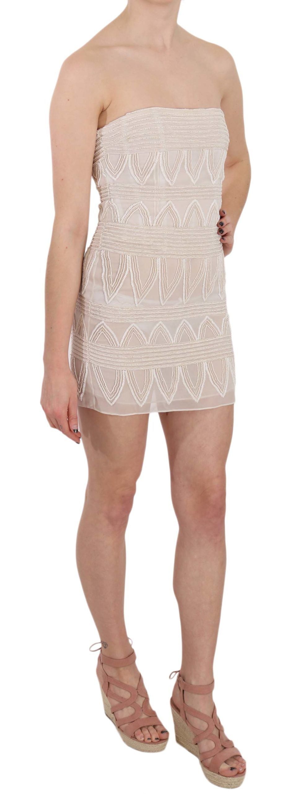 John Richmond – Kurzes Minikleid aus Seide mit Perlen in Beige