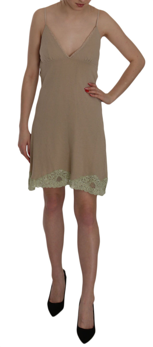 PINK MEMORIES Beiges Minikleid aus Baumwolle mit Spaghettiträgern und Spitze