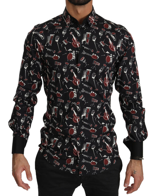 Dolce &amp; Gabbana – Schwarzes Slim Fit-Hemd mit Musikinstrument