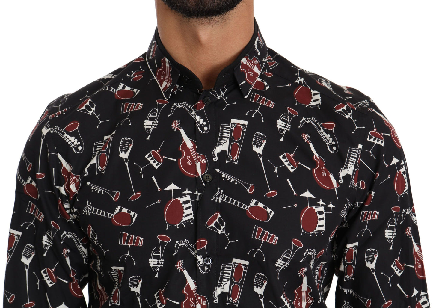 Dolce &amp; Gabbana – Schwarzes Slim Fit-Hemd mit Musikinstrument