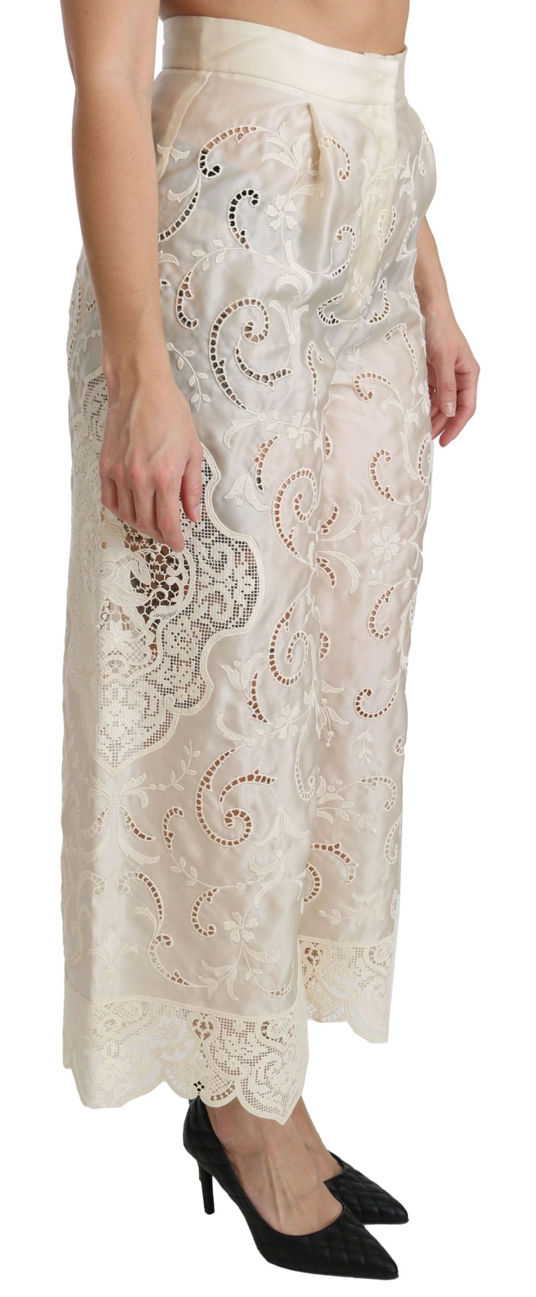 Dolce &amp; Gabbana – Cremefarbene Palazzo-Hose mit hoher Taille und Spitze