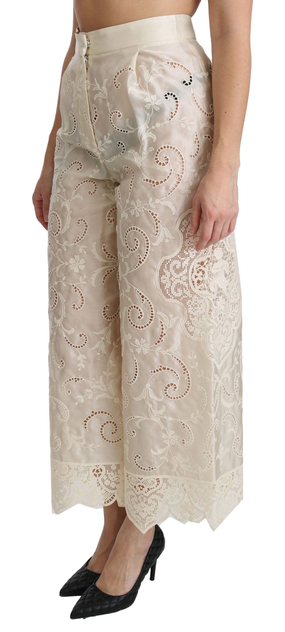 Dolce &amp; Gabbana – Cremefarbene Palazzo-Hose mit hoher Taille und Spitze
