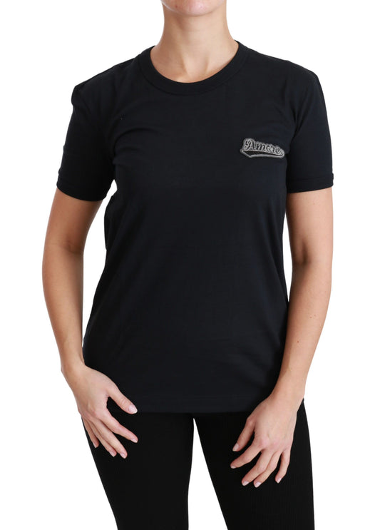 Dolce &amp; Gabbana – Blaues T-Shirt mit Rundhalsausschnitt und Love-Patch aus Baumwolle