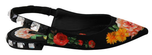 Dolce &amp; Gabbana – Schwarze Slingback-Schuhe mit Blumenmuster und Kristallen