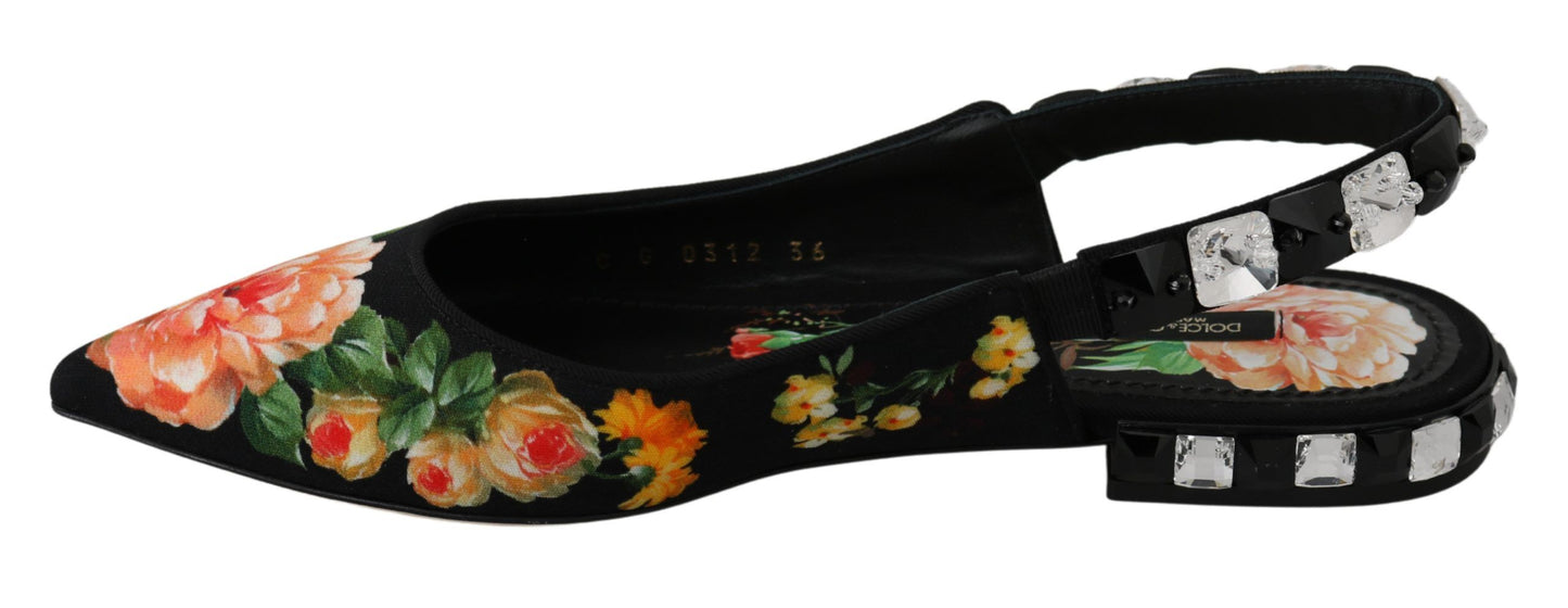 Dolce &amp; Gabbana – Schwarze Slingback-Schuhe mit Blumenmuster und Kristallen