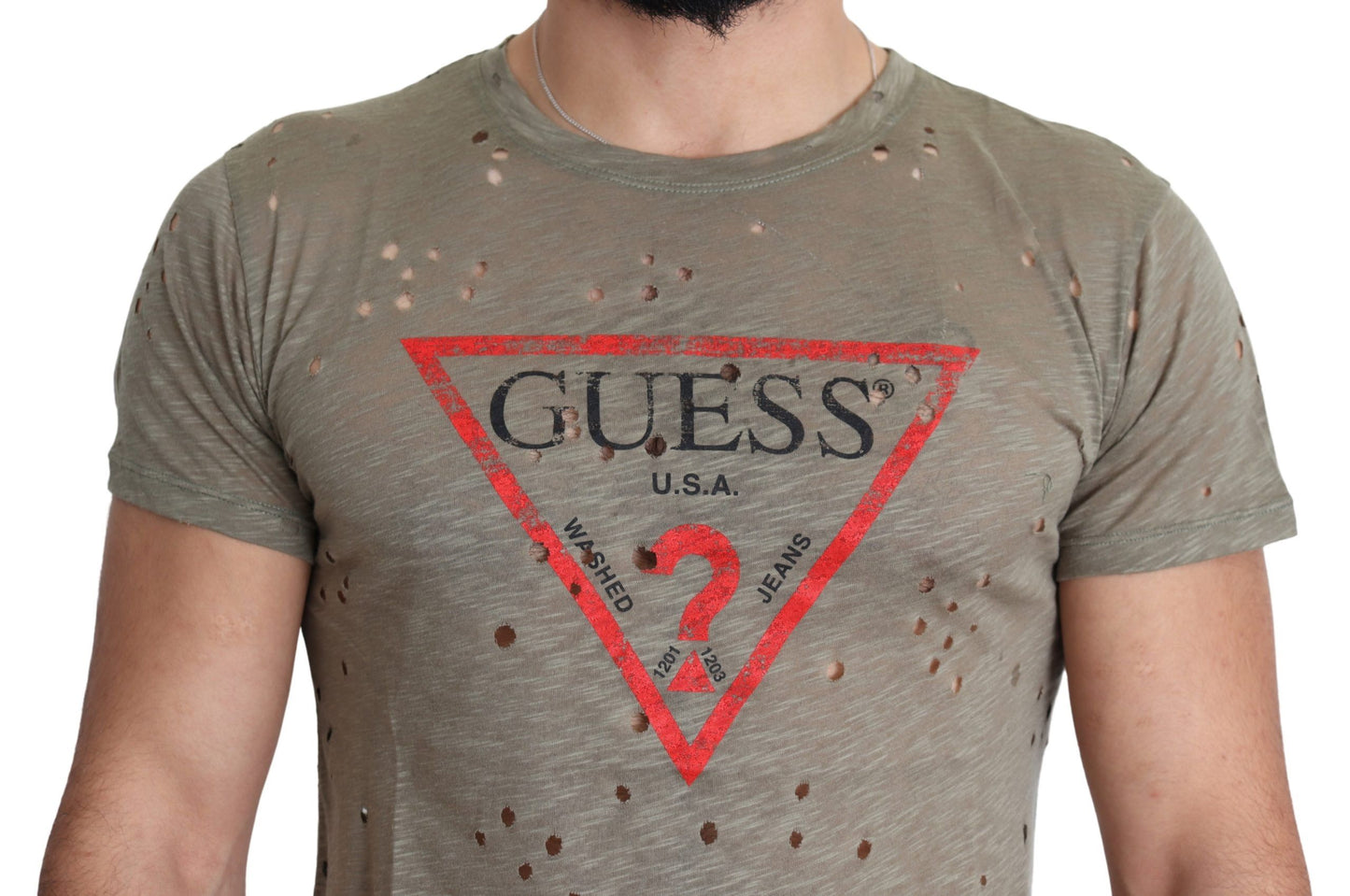 Guess – Braunes, perforiertes T-Shirt aus Baumwollstretch mit Logo-Print für Herren