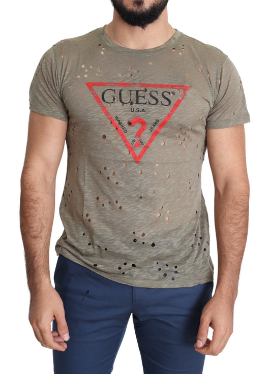 Guess – Braunes, perforiertes T-Shirt aus Baumwollstretch mit Logo-Print für Herren