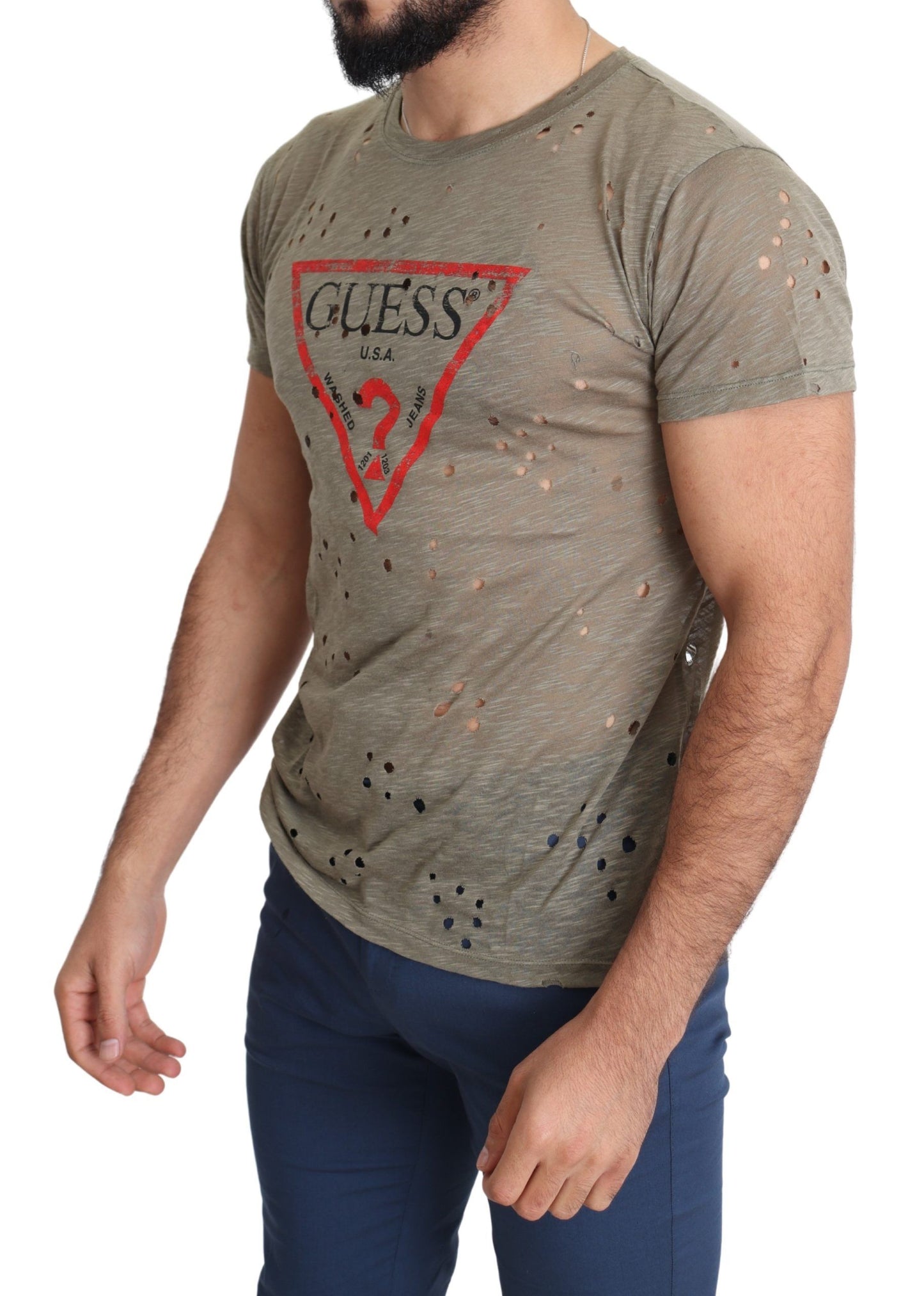 Guess – Braunes, perforiertes T-Shirt aus Baumwollstretch mit Logo-Print für Herren