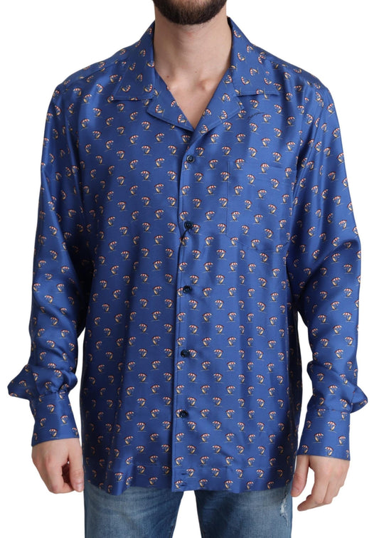 Blaues Seidenhemd mit Strandkorb- und Regenschirm-Print von Dolce &amp; Gabbana
