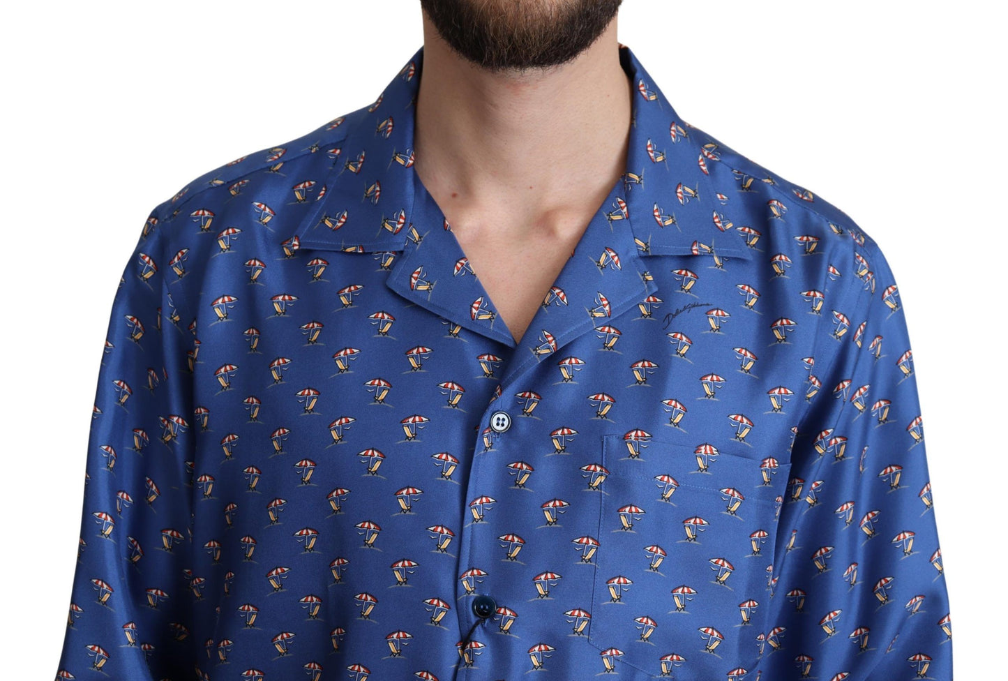Blaues Seidenhemd mit Strandkorb- und Regenschirm-Print von Dolce &amp; Gabbana