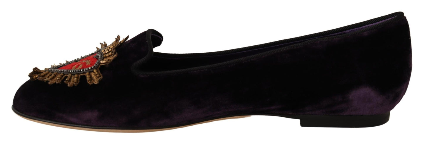 Dolce &amp; Gabbana Lila Samt DG Herz Loafers Flats Schuhe