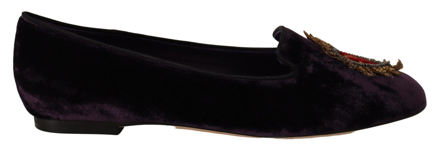 Dolce &amp; Gabbana Lila Samt DG Herz Loafers Flats Schuhe