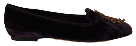 Dolce &amp; Gabbana Lila Samt DG Herz Loafers Flats Schuhe
