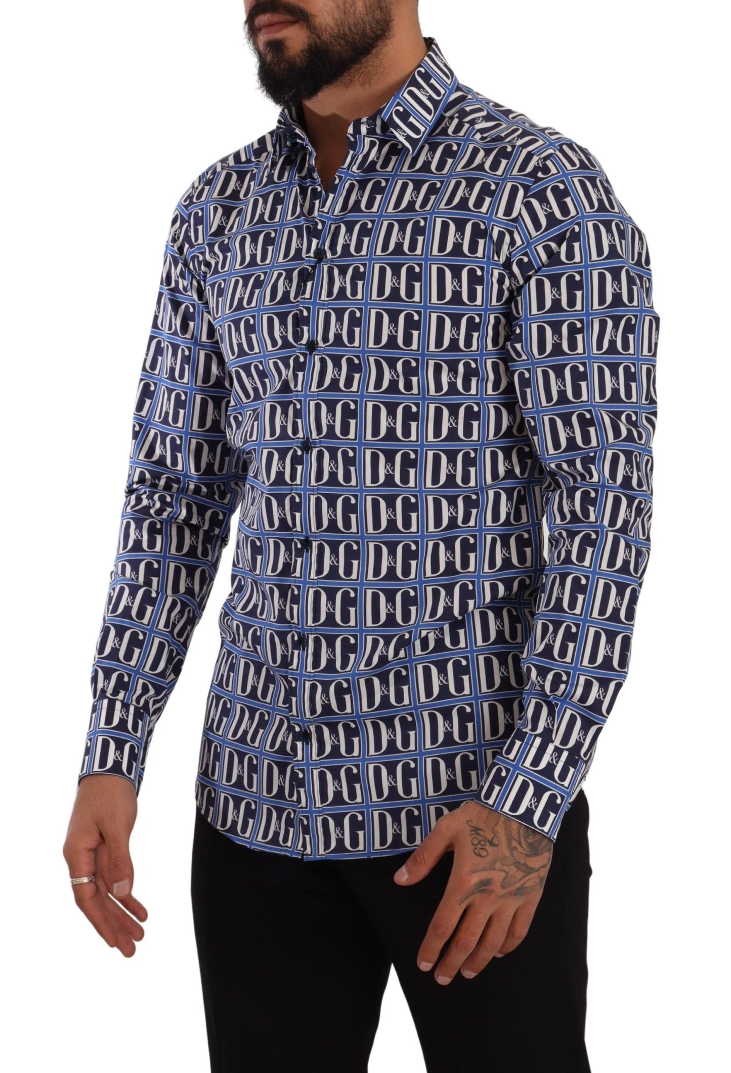 Dolce &amp; Gabbana – Blaues Slim Fit-Baumwollhemd mit Logo „Mania“