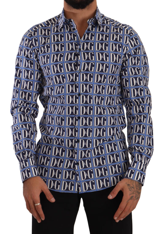 Dolce &amp; Gabbana – Blaues Slim Fit-Baumwollhemd mit Logo „Mania“