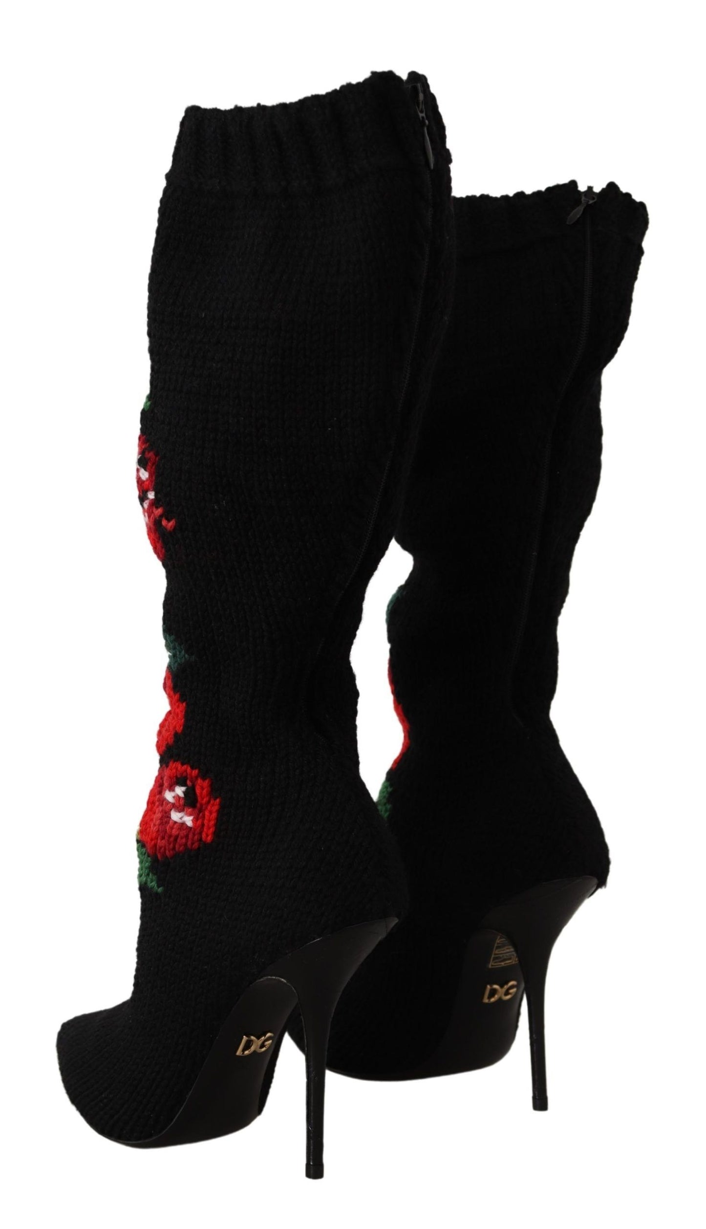 Dolce &amp; Gabbana Schwarze Stretch-Socken Rote Rosen Booties Schuhe