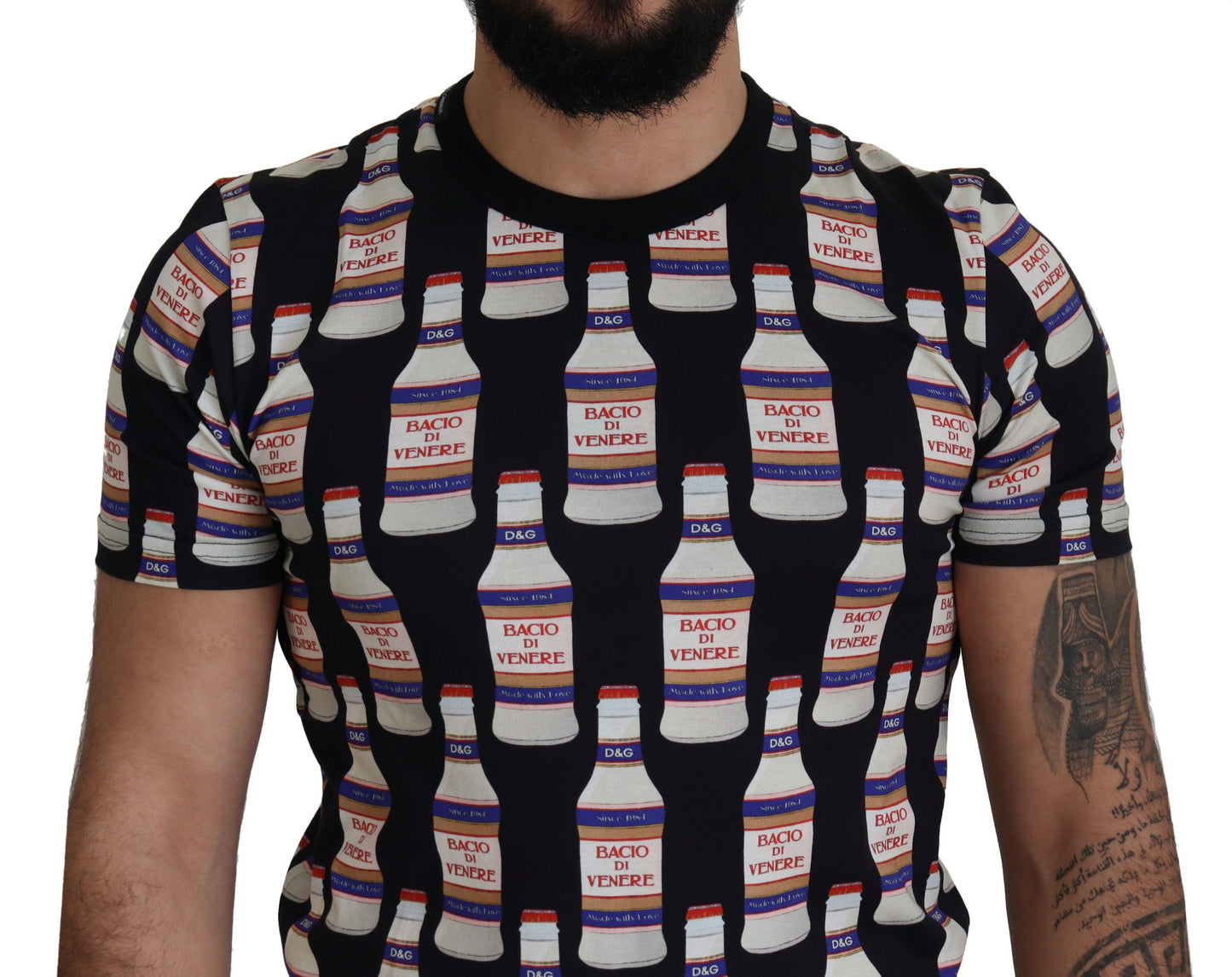 Dolce &amp; Gabbana Schwarzes T-Shirt mit Rundhalsausschnitt aus Baumwolle „Kiss of Venus“