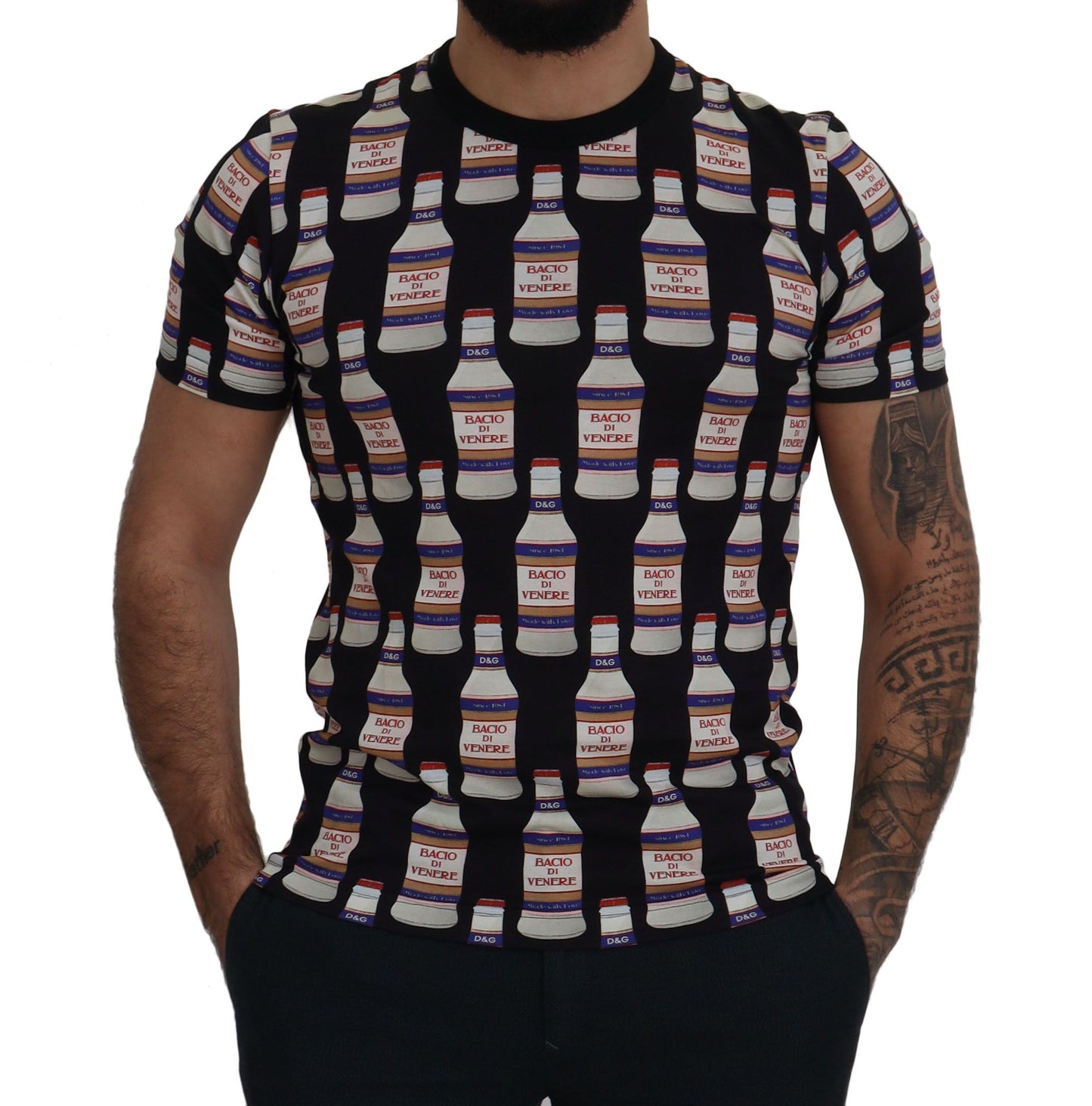 Dolce &amp; Gabbana Schwarzes T-Shirt mit Rundhalsausschnitt aus Baumwolle „Kiss of Venus“
