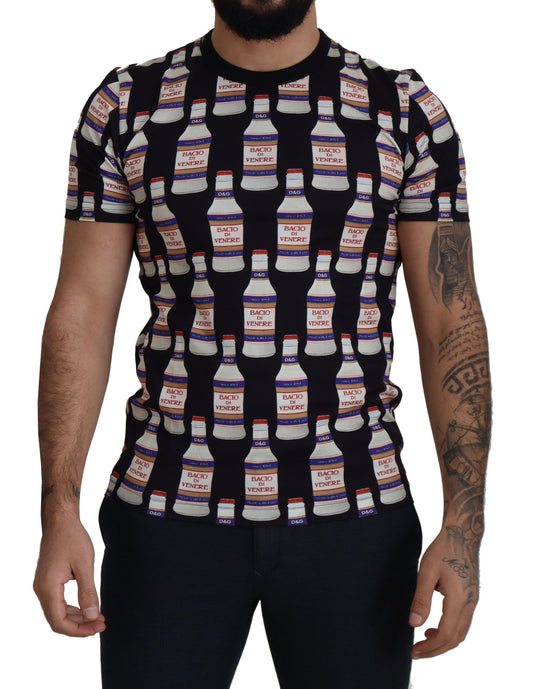 Dolce &amp; Gabbana Schwarzes T-Shirt mit Rundhalsausschnitt aus Baumwolle „Kiss of Venus“