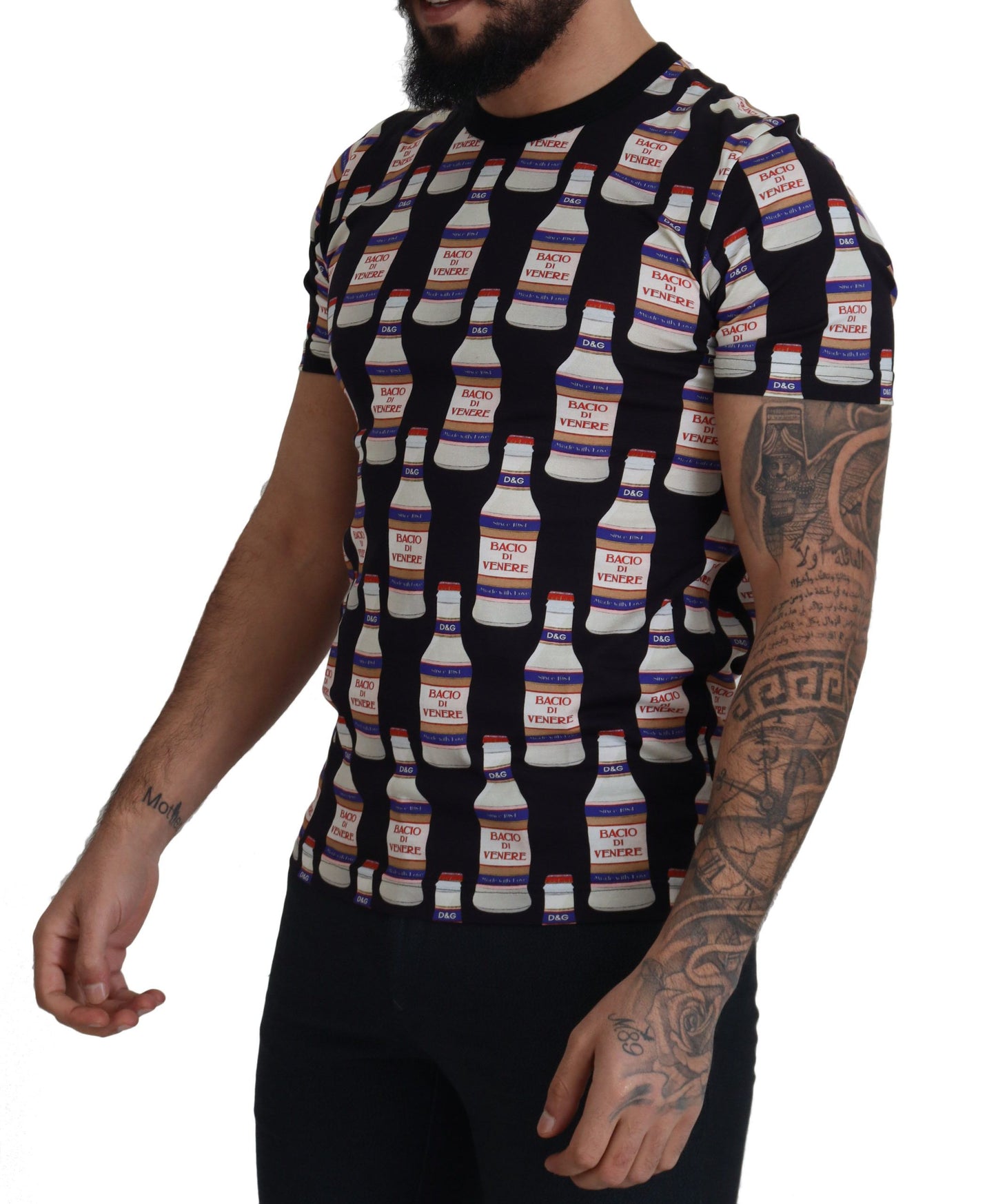 Dolce &amp; Gabbana Schwarzes T-Shirt mit Rundhalsausschnitt aus Baumwolle „Kiss of Venus“