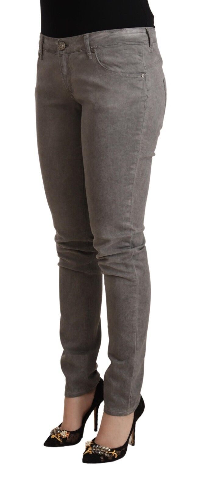 Acht Skinny Push-Up-Jeans aus Baumwolle in Grau mit niedriger Taille
