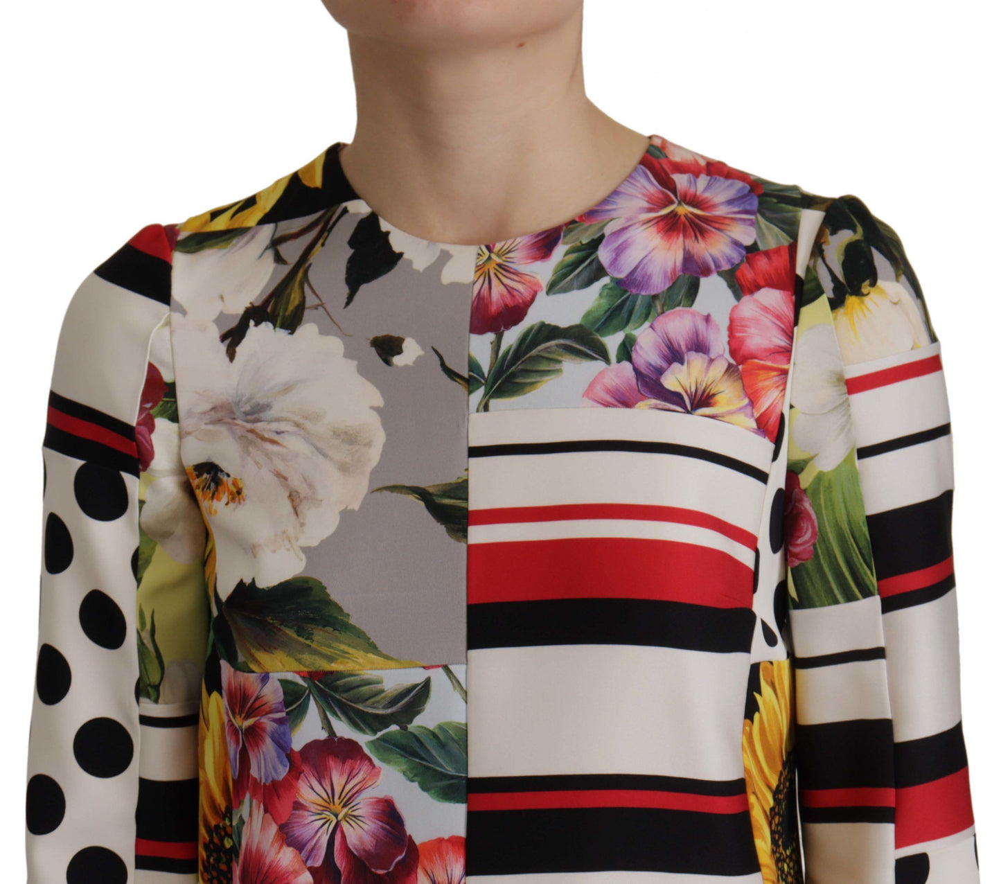 Dolce &amp; Gabbana – Mehrfarbiges Etuikleid aus Charmeuse mit Blumenmuster und Jquard-Muster