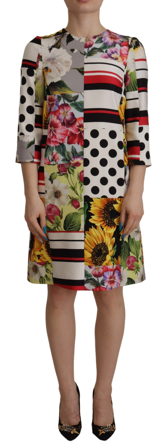 Dolce &amp; Gabbana – Mehrfarbiges Etuikleid aus Charmeuse mit Blumenmuster und Jquard-Muster