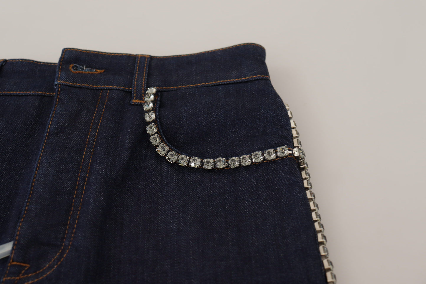 Dolce &amp; Gabbana – Hotpants-Shorts aus Stretch-Denim mit Kristallen in Blau