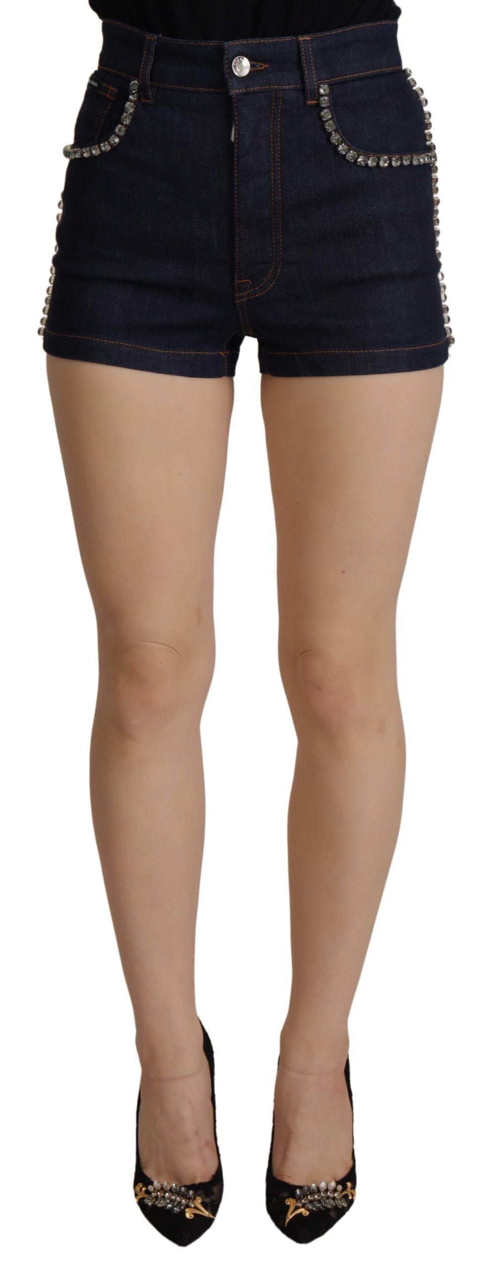 Dolce &amp; Gabbana – Hotpants-Shorts aus Stretch-Denim mit Kristallen in Blau