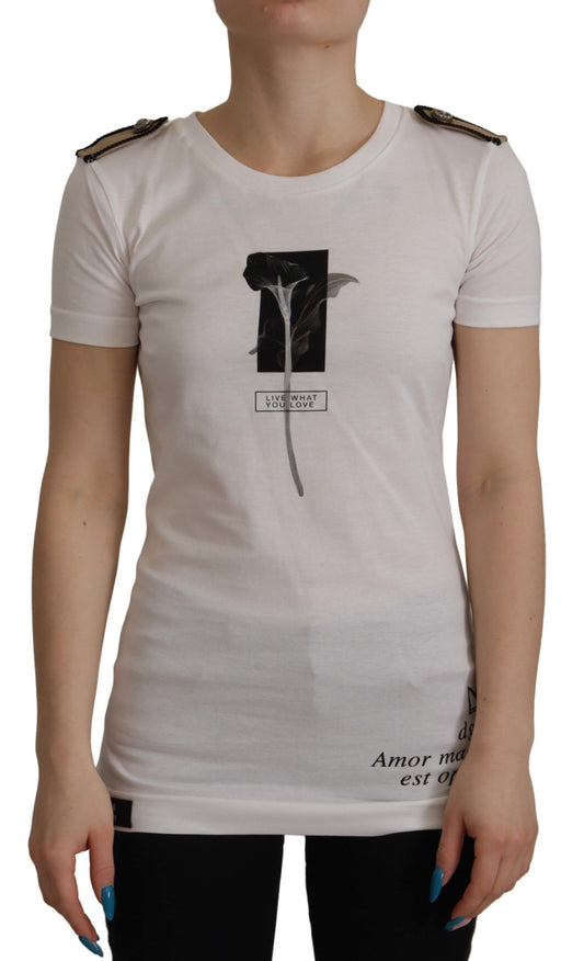 Dolce & Gabbana – T-Shirt aus Baumwolle mit Rundhalsausschnitt und weißen und schwarzen Rosen