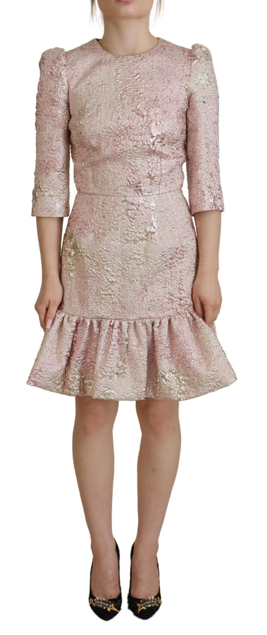 Dolce &amp; Gabbana – Rosa Jacquard-Midikleid mit 3/4-Ärmeln