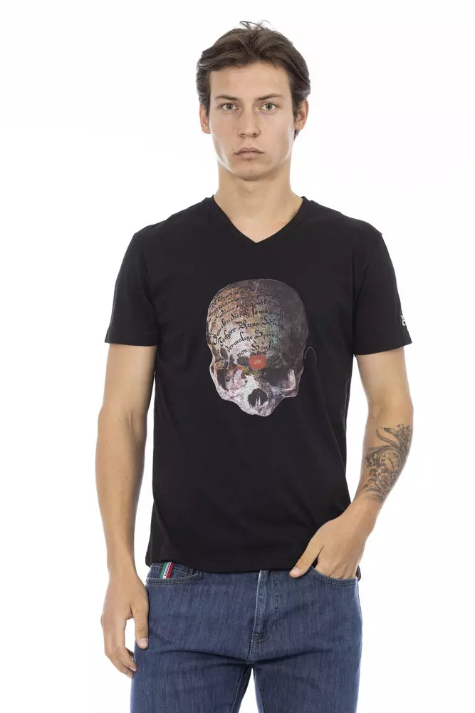 Trussardi Action Schwarzes Herren-T-Shirt aus Baumwolle mit V-Ausschnitt