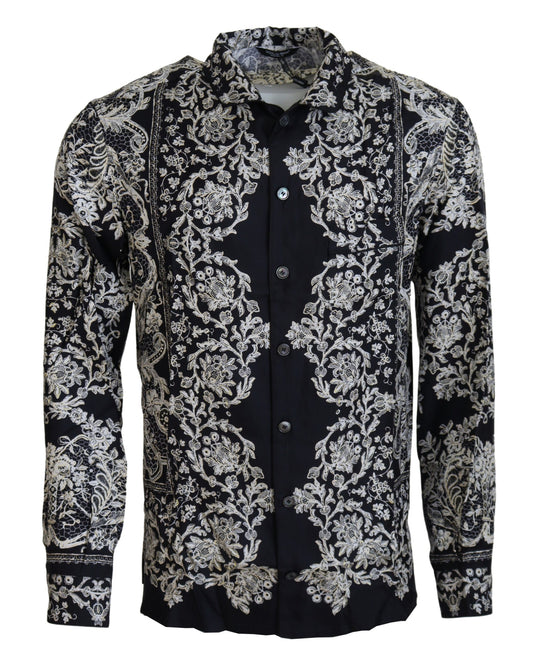 Dolce &amp; Gabbana Blaues Seiden-Freizeithemd mit Blumenmuster und Barock-Muster