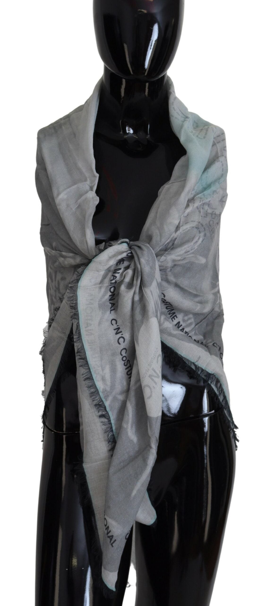 Costume National Schal mit grauem Aufdruck, Foulard und Fransen