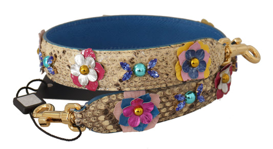 Dolce &amp; Gabbana Schultergurt aus beigefarbenem Pythonleder mit Blumen- und Nietenbesatz