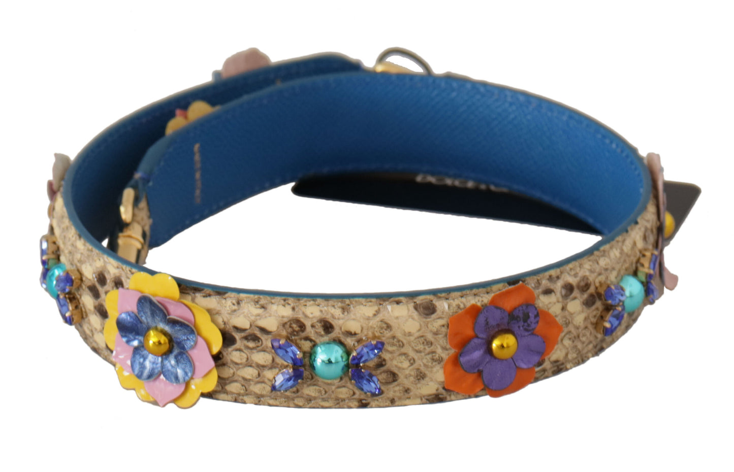 Dolce &amp; Gabbana Schultergurt aus beigefarbenem Pythonleder mit Blumen- und Nietenbesatz