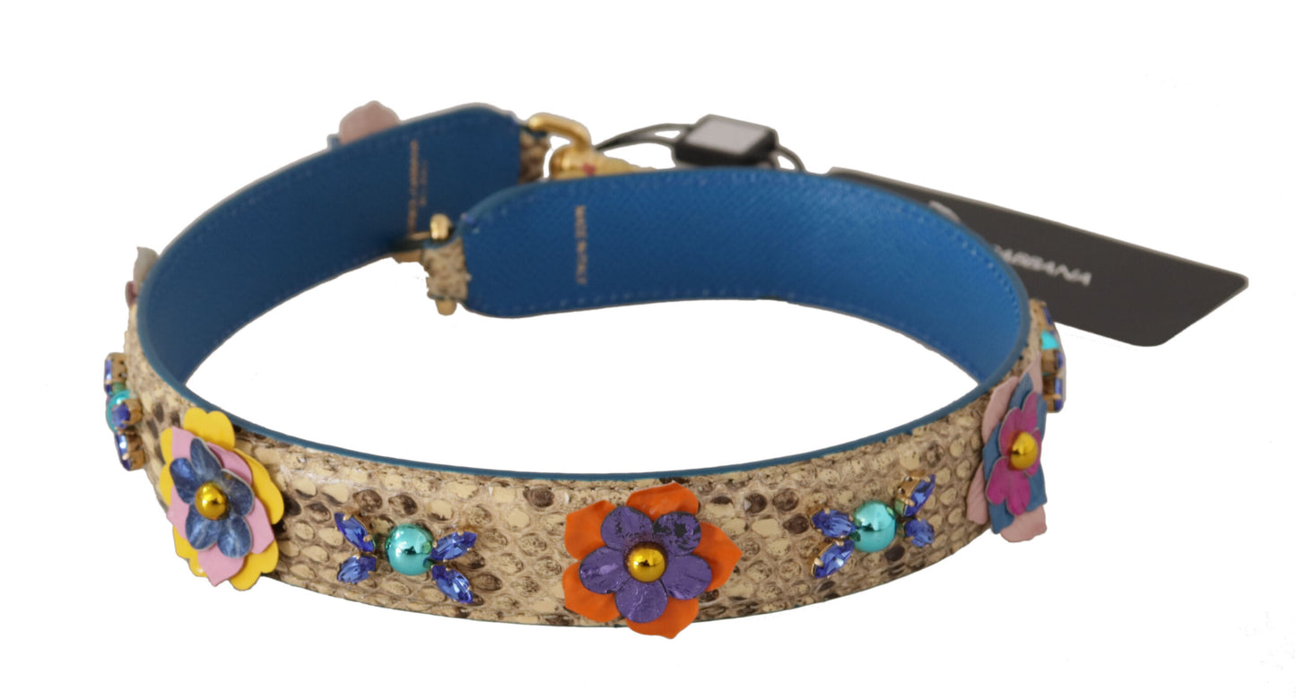 Dolce &amp; Gabbana Schultergurt aus beigefarbenem Pythonleder mit Blumen- und Nietenbesatz
