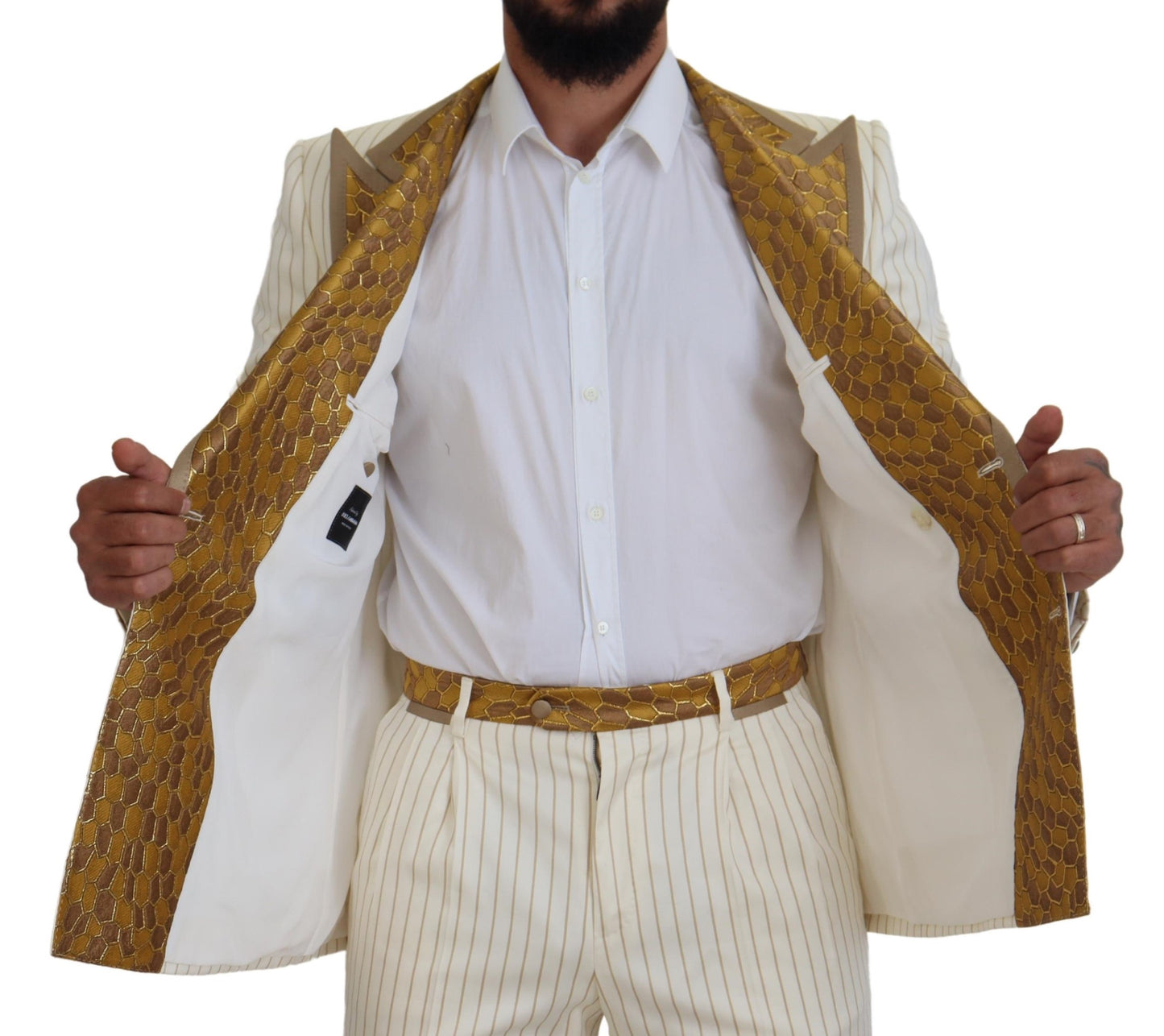 Dolce &amp; Gabbana – Smokinganzug in gebrochenem Weiß und Gold mit Streifen im Slim Fit