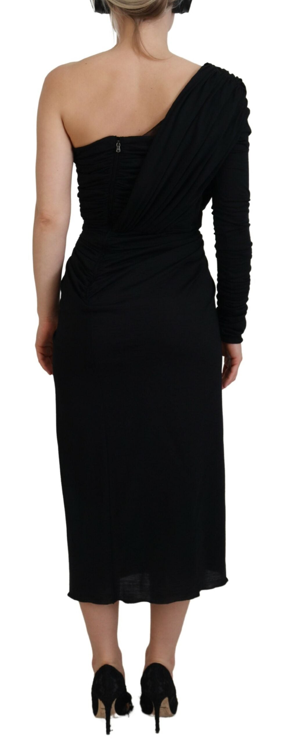 Dolce &amp; Gabbana Schwarzes Wickelkleid aus Wolle mit One-Shoulder-Träger
