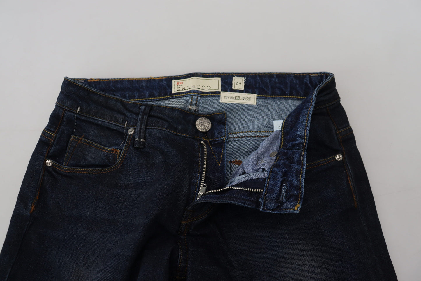 Acht Blaue Skinny-Jeans aus Baumwolle mit niedriger Taille für Damen