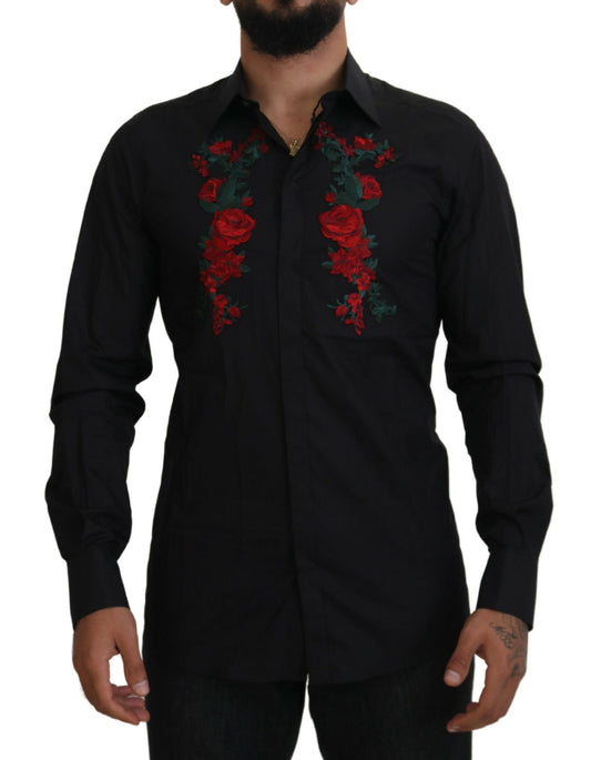 Dolce &amp; Gabbana Schwarzes Herrenhemd mit Blumenstickerei und langen Ärmeln in GOLD