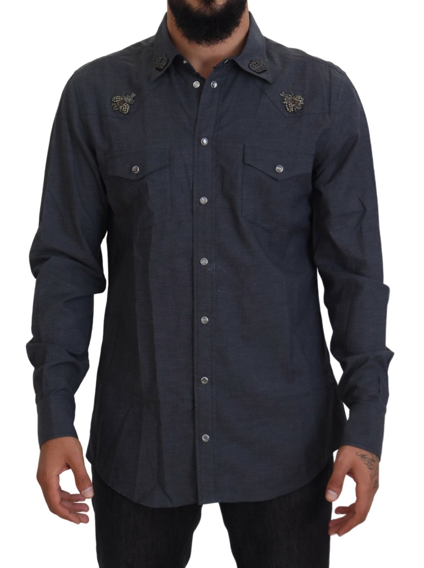 Dolce &amp; Gabbana – Blaues Baumwoll-Denim-Hemd mit Kristallbienenmuster