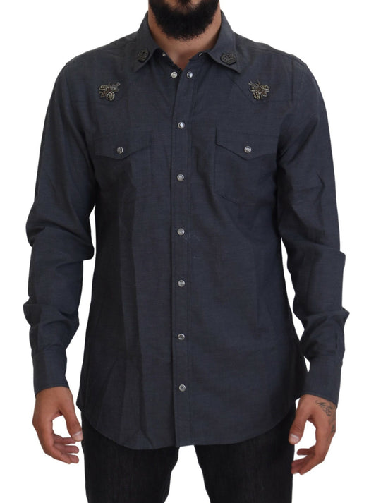Dolce &amp; Gabbana – Blaues Baumwoll-Denim-Hemd mit Kristallbienenmuster