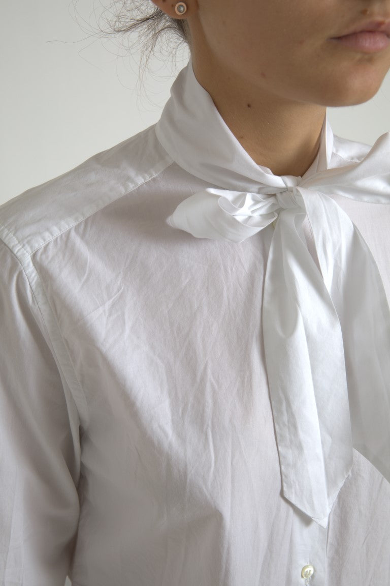 Dolce &amp; Gabbana – Weißes, langärmliges Oberteil aus Baumwolle mit Ascot-Kragen