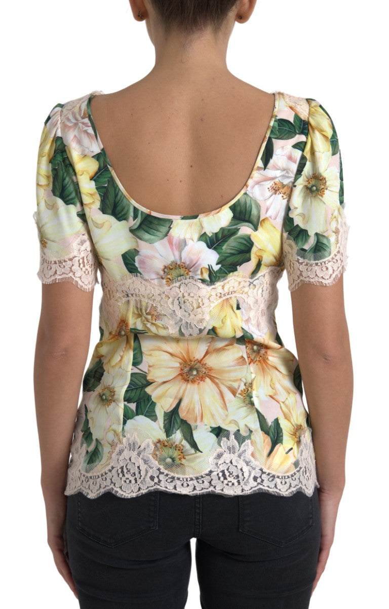 Dolce &amp; Gabbana, mehrfarbige Bluse mit V-Ausschnitt und Blumenspitze