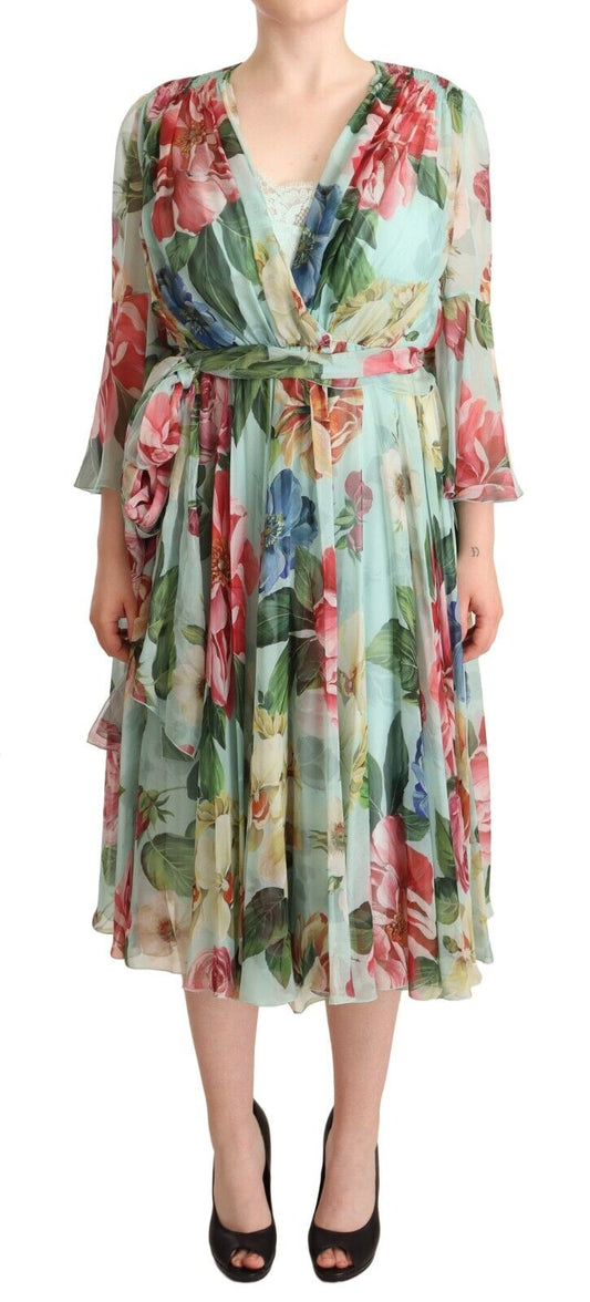 Dolce &amp; Gabbana – Mehrfarbiges, grünes Midi-Wickelkleid aus Seide mit Blumenmuster