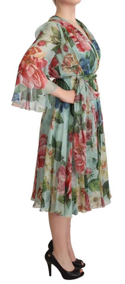 Dolce &amp; Gabbana – Mehrfarbiges, grünes Midi-Wickelkleid aus Seide mit Blumenmuster