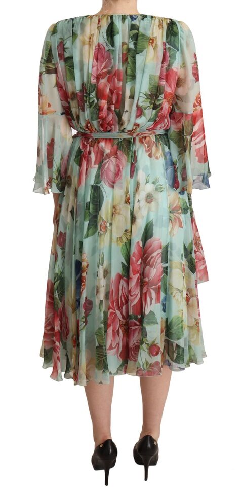 Dolce &amp; Gabbana – Mehrfarbiges, grünes Midi-Wickelkleid aus Seide mit Blumenmuster