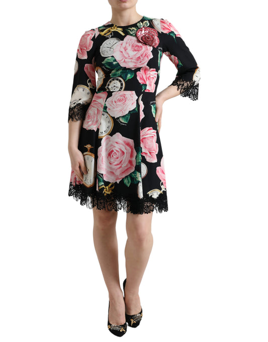 Dolce &amp; Gabbana Schwarzes A-Linien-Kleid aus Spitze mit Blumenverzierung