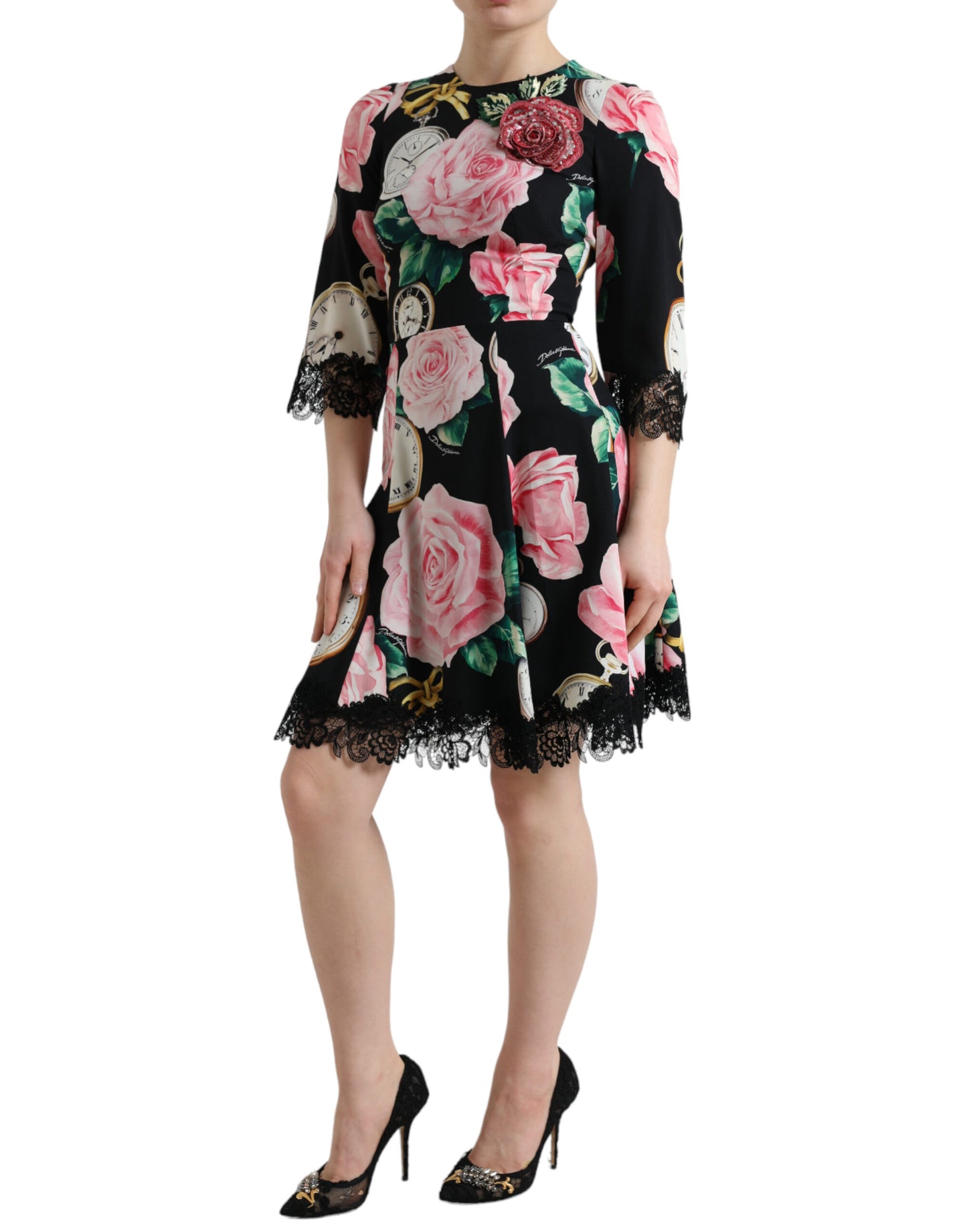 Dolce &amp; Gabbana Schwarzes A-Linien-Kleid aus Spitze mit Blumenverzierung
